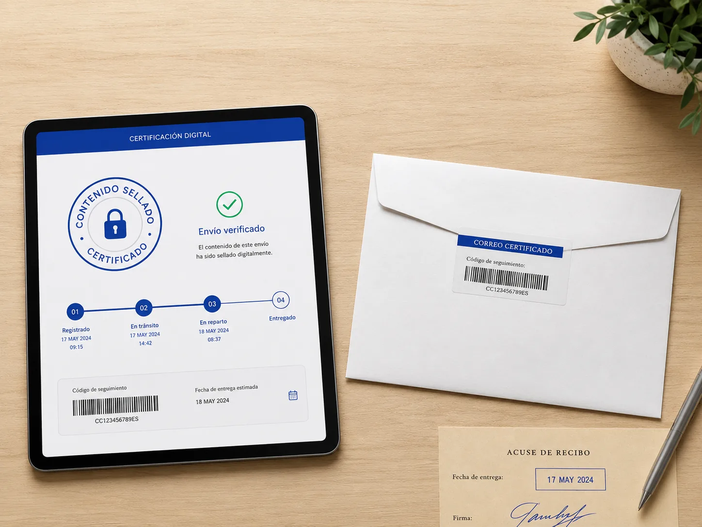 Carta certificada con seguimiento, acuse de recibo firmado y verificación digital del envío postal